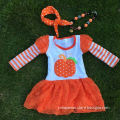 New arrival girls fall dresses long sleeves pumpkin kids ruffle Halloween party dress with necklace and headband set